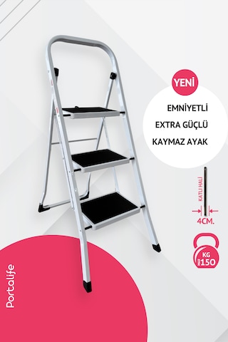 Portalife 3 Basamaklı Beyaz Çelik Şık Merdiven 101-150cm Arası Portalife 3 Basamaklı Beyaz Çelik Şık Merdiven 101-150cm Arası