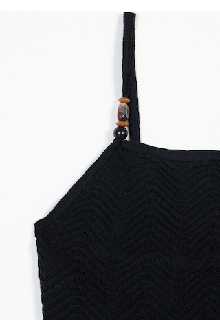 Halter Yaka Boncuk Detaylı Askılı Triko Top Sıyah