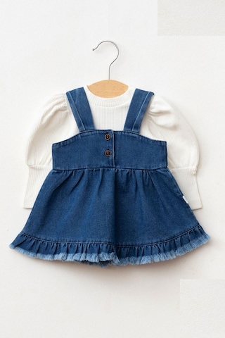 Cantoy Kız Bebek Püsküllü Kot Jile Elbise Balon Bluz Lüks Jean Takım Koyu Mavi
