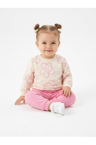 HelloBaby Pamuklu Çiçek Detaylı 2li Kız Bebek Takım Pembe
