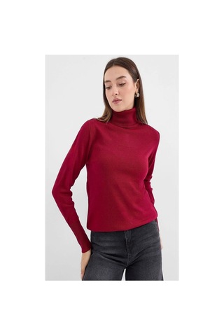Onno Style Women Düz Balıkcı Yaka Basic Kazak Bordo