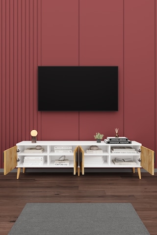 Asra Trend Tv Ünitesi T-02 %100 MDF 160 cm Tv Sehpası 4 Kapaklı Raflı Beyaz-Safir Meşe
