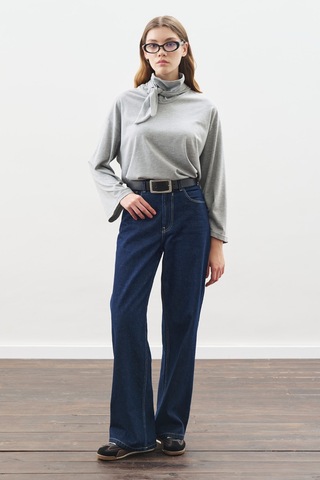 Yüksek Yaka Bağlamalı Bluz Gri Melanj Gri Melanj