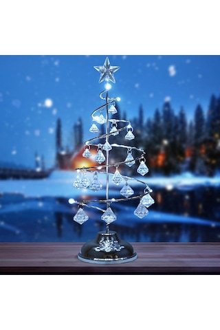 Vıp Kalite 20 Cm Metal Kristal Sarkıtlı Yılbaşı Ağacı Beyaz Led Işıklı Noel Ağacı Gümüş Çam Ağacı 20 Cm