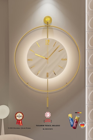 MetaQuartz Aksesuar Büyük Boy 50 x 75 CM İskandinav Kristal Ledli Pilli Duvar Saati Gold