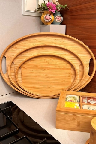 Makri Home Bambu Oval 3'lü Tepsi Seti. Küçük Tepsi: 20x29 Cm. Orta Tepsi: 26x36 Cm. Büyük Tepsi: 31x45 Cm Ahşap