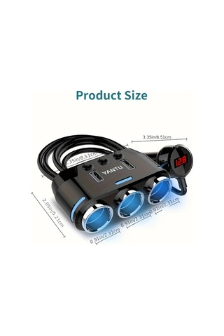 Fochsia Kablolu Siyah Akıllı 3'lü Oto Çakmaklı Usb Şarj Aleti Led Voltaj Göstergeli Araç Şarj Adaptörü