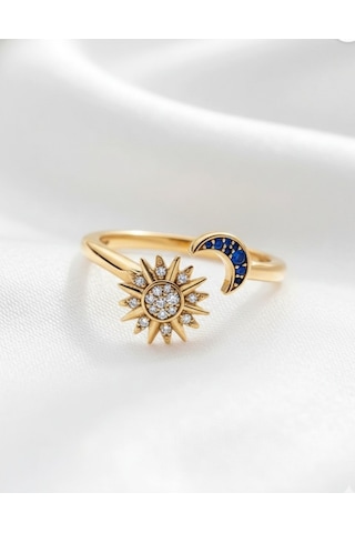 Çekirdekjewelry 925 Ayar Gümüş Ayarlanabilir Ay & Güneş Yüzük Sarı