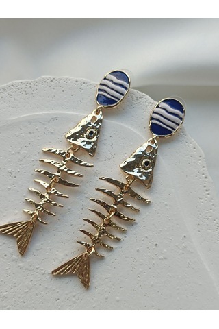 Gold Mavi Detaylı Balık Küpe Altın