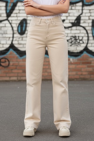 Woddi Heaven Kadın Yüksek Bel Krem Salaş Wide Leg Jeans Geniş Paça Palazzo Kot Pantolon