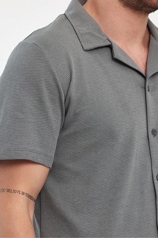 Erkek Rahat Kalıp Ottoman Kumaş Nefes Alabilen Pamuklu Apaş Yaka Gömlek Açık Haki