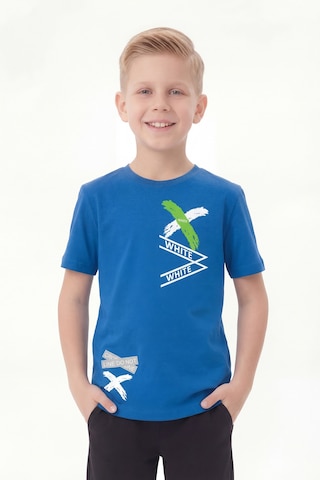 Panios Kids White Yazı Baskılı Yuvarlak Yaka Kısa Kollu Erkek Çocuk Yazlık Tişört Mavi