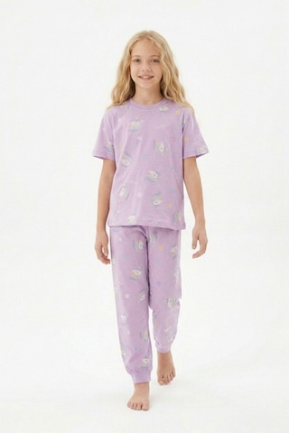 Zuzunga Unicorn Desenli Kısa Kollu Pamuk Kız Çocuğu Pijama Takımı Lila