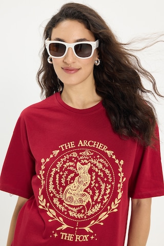 Tudors Kadın Oversize Geniş Kesim %100 Pamuk Bisiklet Yaka Kısa Kollu Baskılı Bordo Tişört-50349