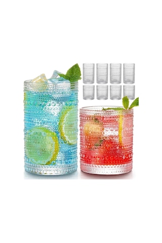 Yenigeldi 4 Adet Y37 420 Ml Vintage Hobnail Bardak Antika Boncuk Kabartmalı Kahveviski,şeffaf Çok Renkli