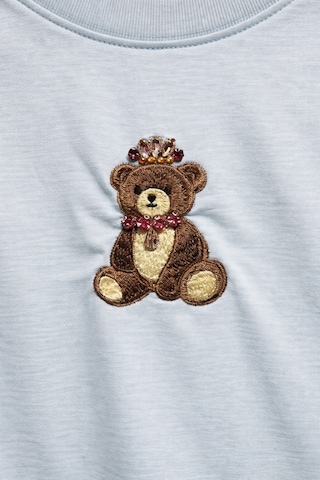 Mixray 2078 Kadın %100 Pamuk Ayıcık Nakışlı Bisiklet Yaka T-shirt Mavi