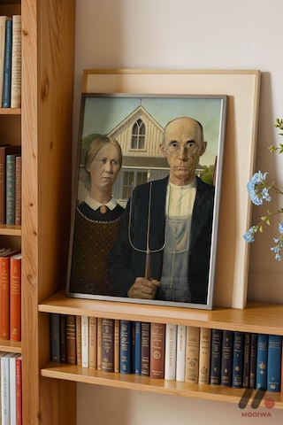 Grant Wood American Gothic, Siyah Çerçeveli Duvar Tablosu - Sanatsever Hediyesi