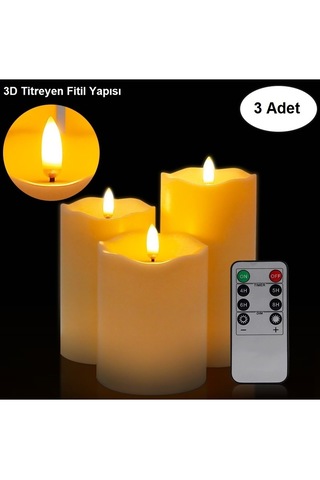 3'lü Alevsiz Led Mum Seti 3d Hareketli Titreyen Fitil Uzaktan Kumandalı Dekoratif Mum