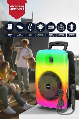 Bluetooth Hoparlör, 8 İnç, Rgb Işıklı, Karaoke Mikrofon , Şarjlı, Extra Bass, Fm Radyo, 24x18x36 Cm