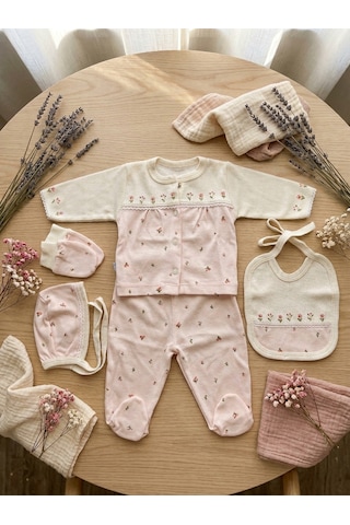Gaye Bebe %100 Pamuklu Çiçek Nakışlı 5'li Yenidoğan Kız Bebek Hastane Çıkışı Seti 0-3 Ay Pembe