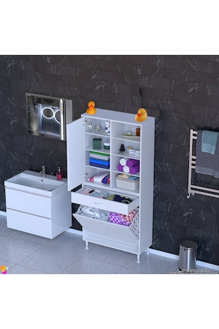 Modilayn Afra 80x173x32,5cm 1 Çekmece, 2 Göz Sepet, 1 Kapak, 8 Raf Dar Alan Banyo Dolabı Beyaz