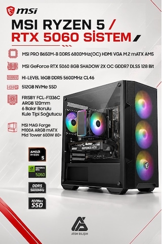 MSI PRO B650M-B ATM00020624 R5 7500F 16 GB 512 GB NVME M.2 SSD 8 GB RTX5060 Free Dos Masaüstü Oyuncu Bilgisayarı