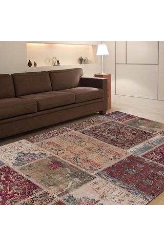 Latte Dizayn Cortez Desenli Kadife Pamuk Tabanlı Yıkanabilen Kaydırmaz Antibakteriyel Salon Halısı 140x200 Çok Renkli