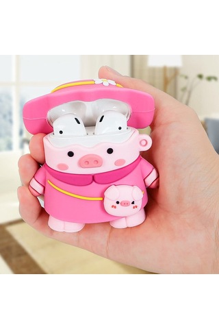 Bipower Airpods 1-2 Uyumlu Kılıf Şapkalı Domuzcuk Pembe