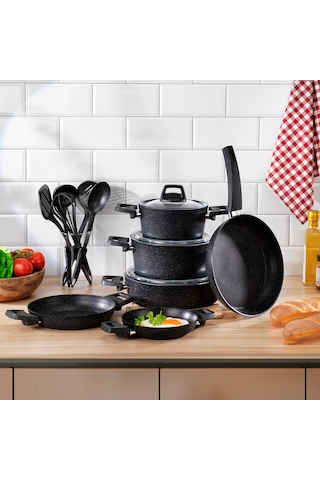 Schafer Black Stone Tencere Seti 14 Parça-siyah Siyah