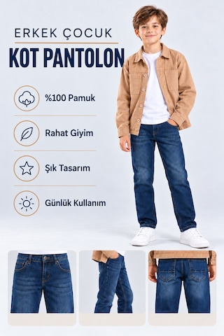 Ahengim Erkek Çocuk Kot Pantolon Likralı Yıpratmalı Fit Düz Paça Cepli Jean Ak1213 Mavi