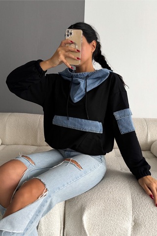 Femelle Kot Garnili Kapüşonlu Tasarım Sweatshirt siyah