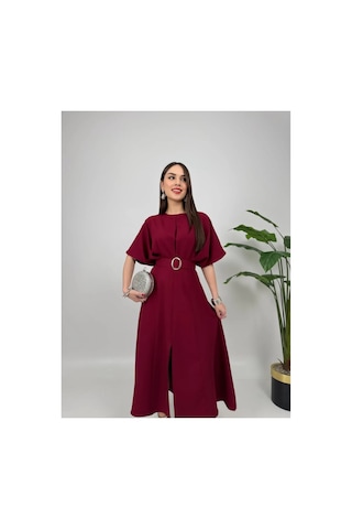 Afiş Butik Kemer Detaylı Yuvarlak Yaka Yırtmaçlı Piliseli Midi Elbise Bordo Bordo