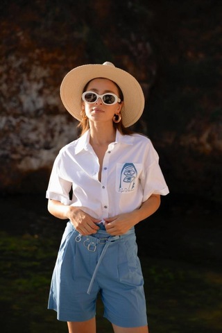 Kadın Soyut Baskılı Kısa Kollu Gömlek Frn6003 Mavi