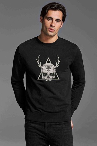 Skull Triangle Geyik Baskılı Siyah Erkek Örme Sweatshirt