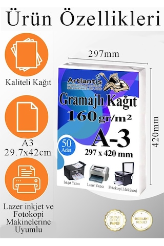 A3 Gramajlı Fotokopi Kağıdı 50 Adet 160 Gr Sertifika Kağıdı Kalın Kağıt Baskı Tüm Yazıcılara Uyumlu 29.7x42cm Ofis Büro
