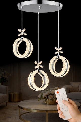 Athena Model 3 Lü Krom Kaplama 3 Renk Kumandalı Salon Mutfak Oturma Yatak Odası Modern Led Avize
