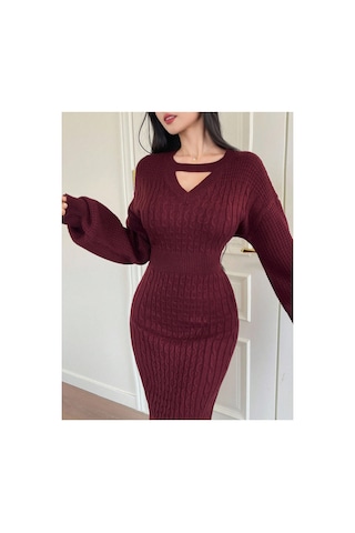 Sayzen Your Shine Choker Yaka Saç Örgü Desenli Balon Kol Kadın Triko Elbise Bordo