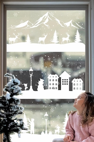 Çift Taraflı Beyaz Baskılı 54 Parça Beyaz Rüya Seti Yeni Yıl Çocuk Bebek Odası Sticker Kar Taneleri Çok Renkli