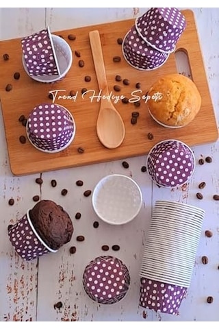 Trend Hediye Sepeti 50'li Mor Puantiyeli Muffin Kek Kalıbı, Kek Kapsülü Cupcake Kalıbı, Airfryer Uyumlu .