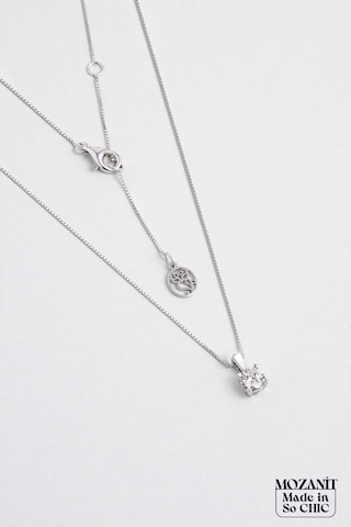 So Chic Mozanit Dokunuşu 18 Ayar Beyaz Altın Kaplama 45 Cm Gümüş Tektaş Kolye Rodyum