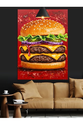 Katmanlı Dev Bir Cheeseburger Yemeği Dekoratif Kanvas - Mdf Ahşap Tablo