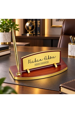 Bk Gift Kişiye Özel Kalemli Ahşap Masa İsimliği Gold Plakalı Bk26 -1 Çok Renkli