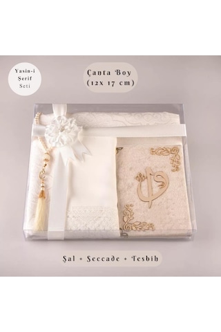 Şal + Seccade + Tesbih + Yasin Hediye Seti Çanta Boy, Elifvav, Raşel Cilt, Krem