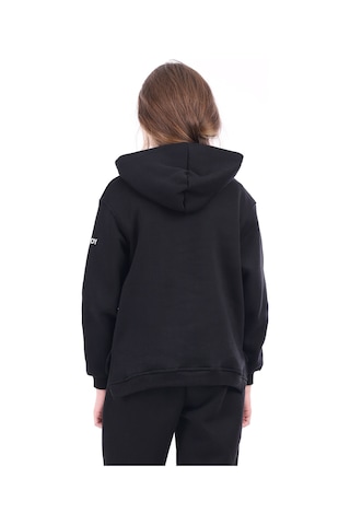 Kız Çocuk Oversize Kapüşonlu Cepli Nakış Baskılı Yırtmaçlı Sweatshirt - 3 İplik Şardonlu Siyah