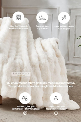 Kürk Yatak Örtüsü Çift Kişilik Dolgulu Peluş Yumuşak Çift Taraflı Yorgan 3 Parça Loria Kırık Beyaz Krem Kırık Beyaz