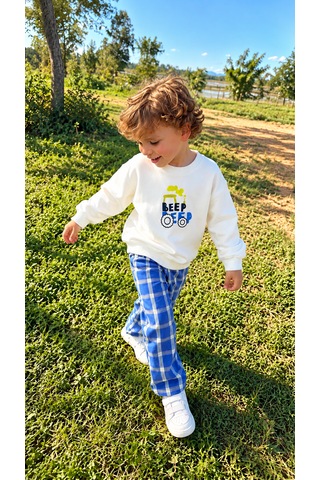 Elzo Collection Erkek Çocuk Ön Arka Beep Beep Baskılı Sweatshirt Kareli Denim Kot Pantolon Alt Üst Takım Çok Renkli