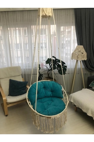 Makrome Özel Örgü Salıncak Hamak Pamuk İp 60 X 80 Turkuaz Yastık Ekru