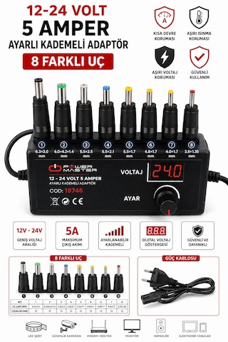 Kademeli Çok Uçlu Ayarlanabilir 12 Volt - 24 Volt - 5 Amper Dc Adaptör