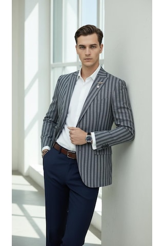 Plus Scorpion Erkek Sivri Yaka Çift Yırtmaçlı Tek Düğmeli Slim Fit Blazer Ceket Lacivert