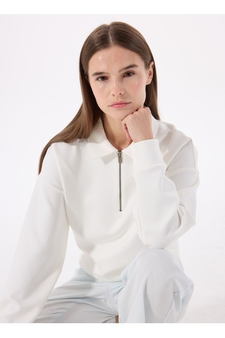 Mustang Ekru Kadın Fermuarlı Loose Fit Nakışlı Sweatshirt M5sl-swt1645